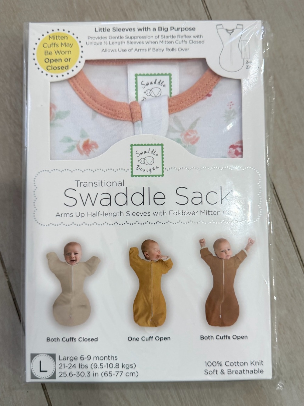 Swaddle Designs White Floral Transitional Swaddle Sack with Peach Trim
